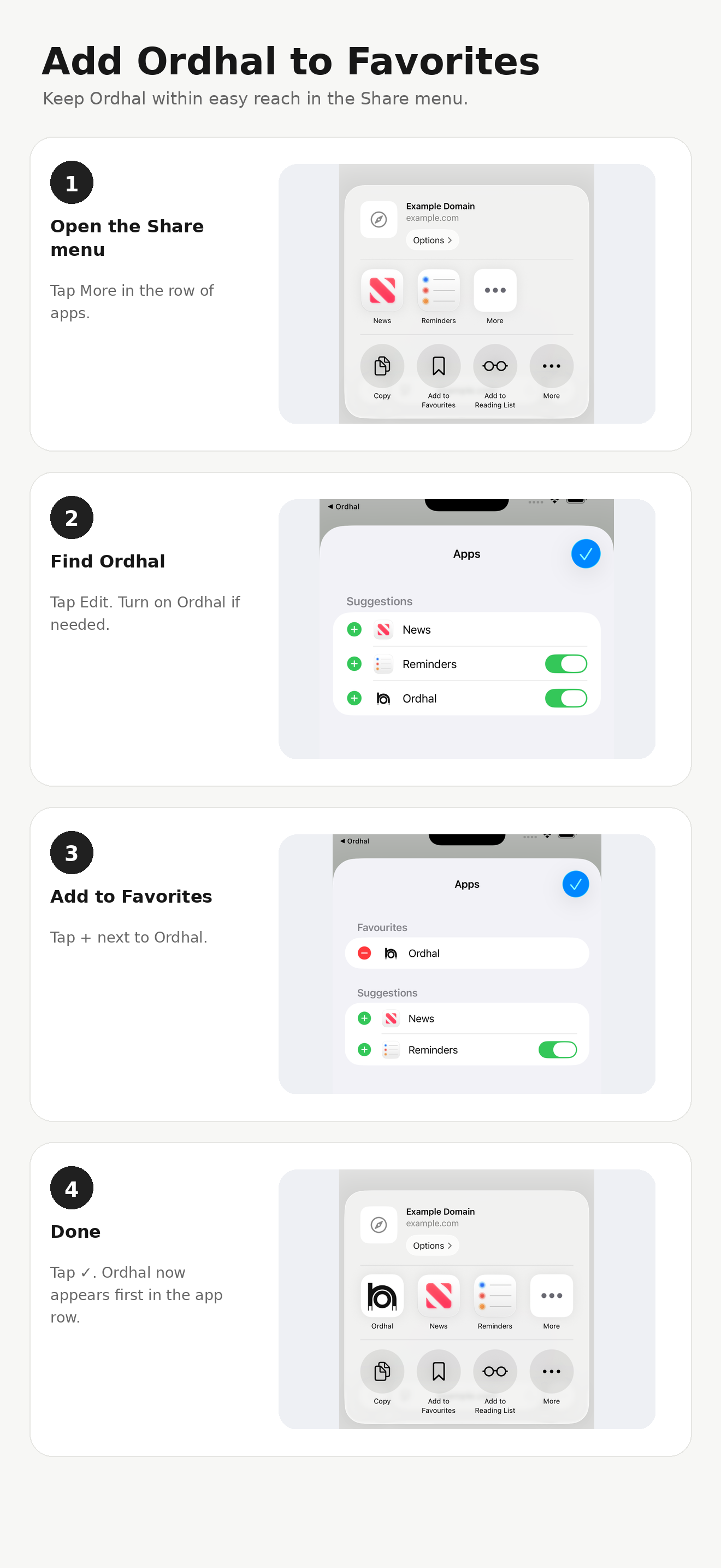 Four-step guide showing how to add Ordhal to Favorites in the iOS Share menu